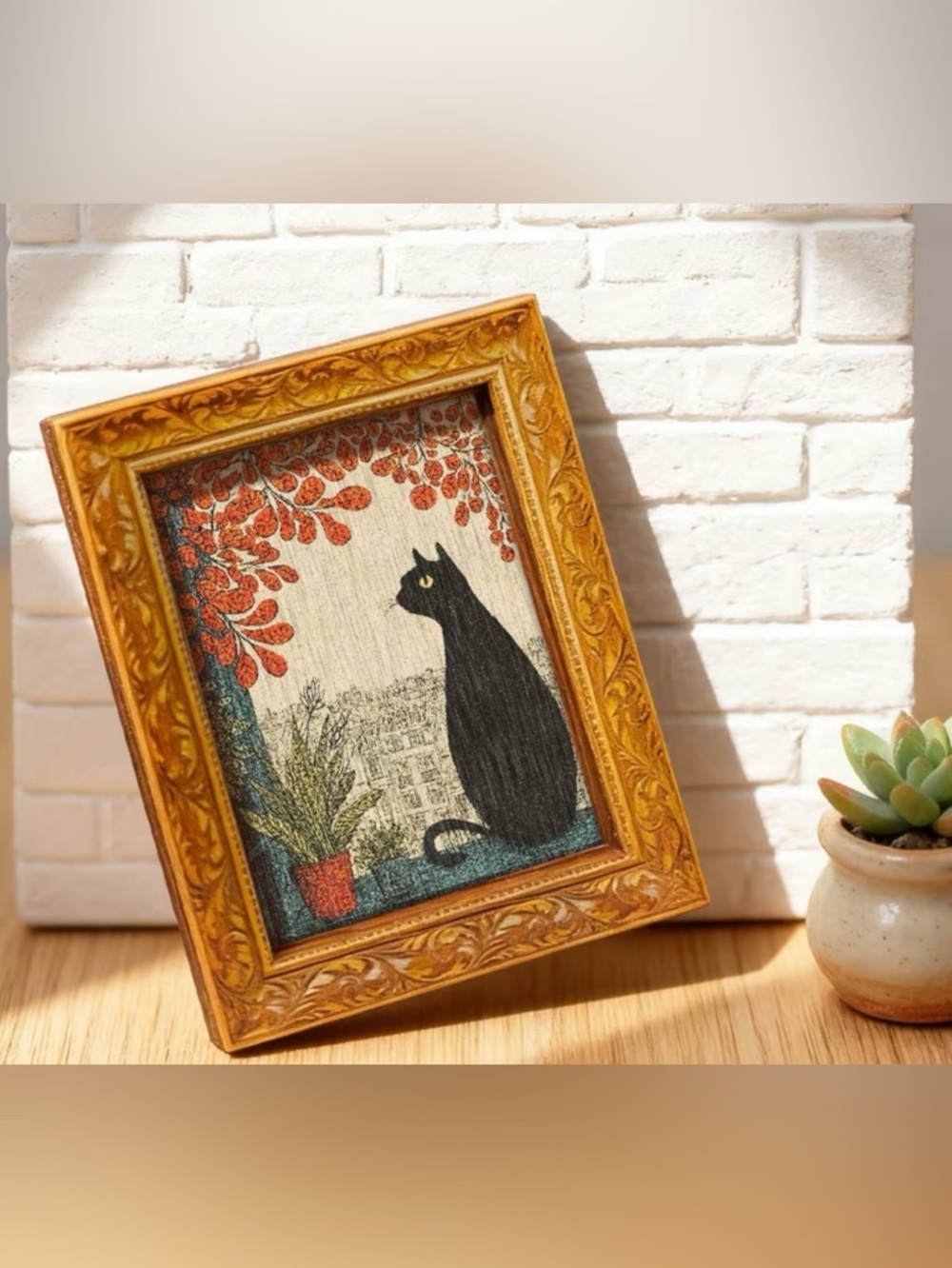 Mini Black Cat Framed Art Magnet Autumn Leaves Wooden Decor